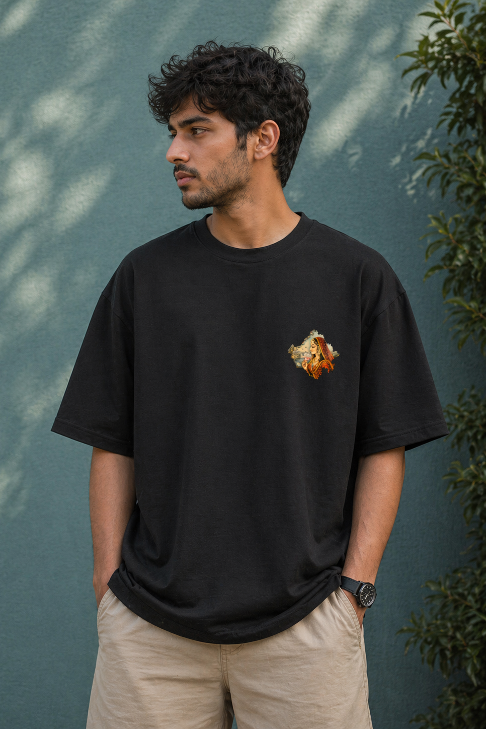 Man wearing a black t-shirt with a small graphic design, standing against a green wall with foliage.