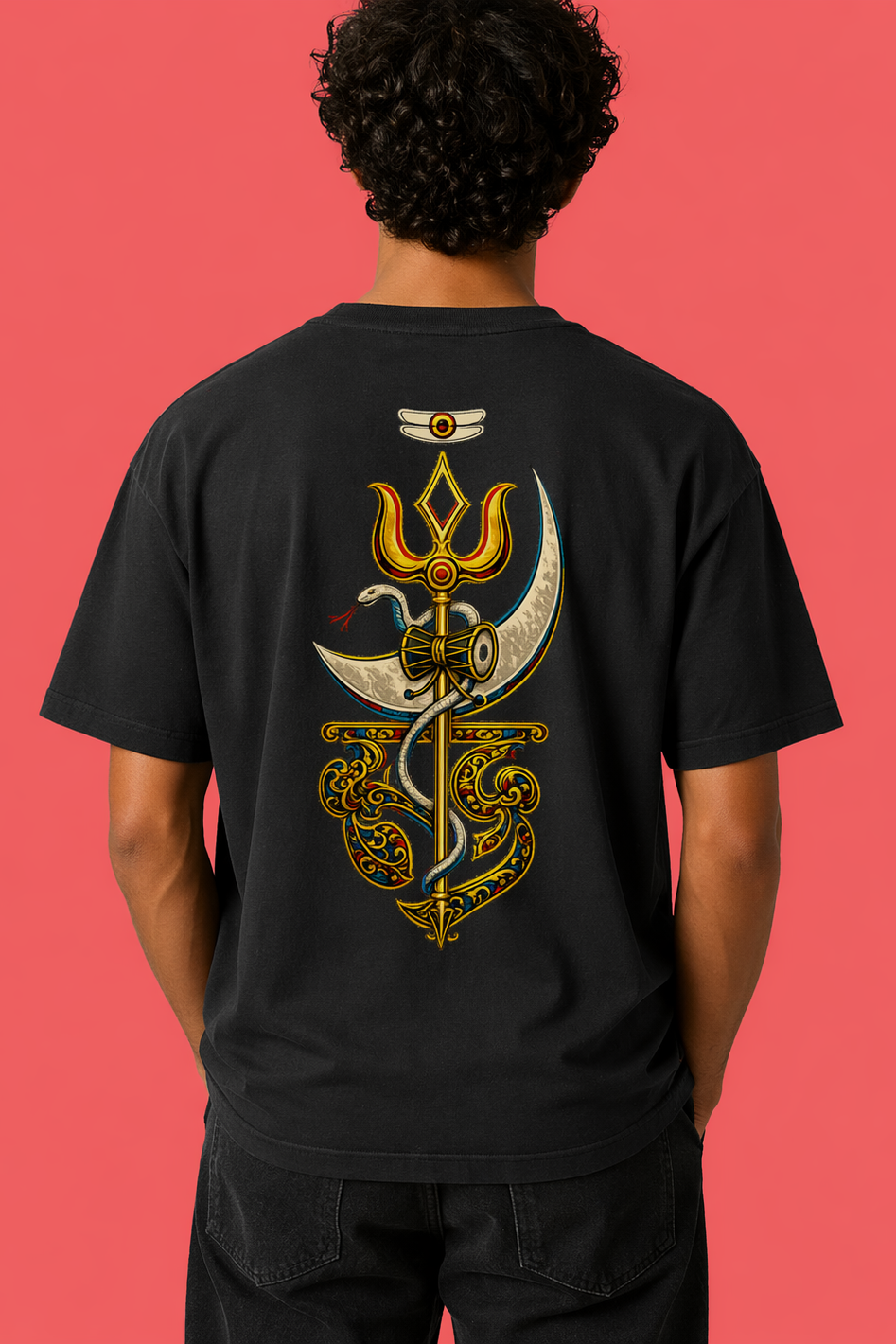 Person wearing a black t-shirt with a detailed design on the back against a red background