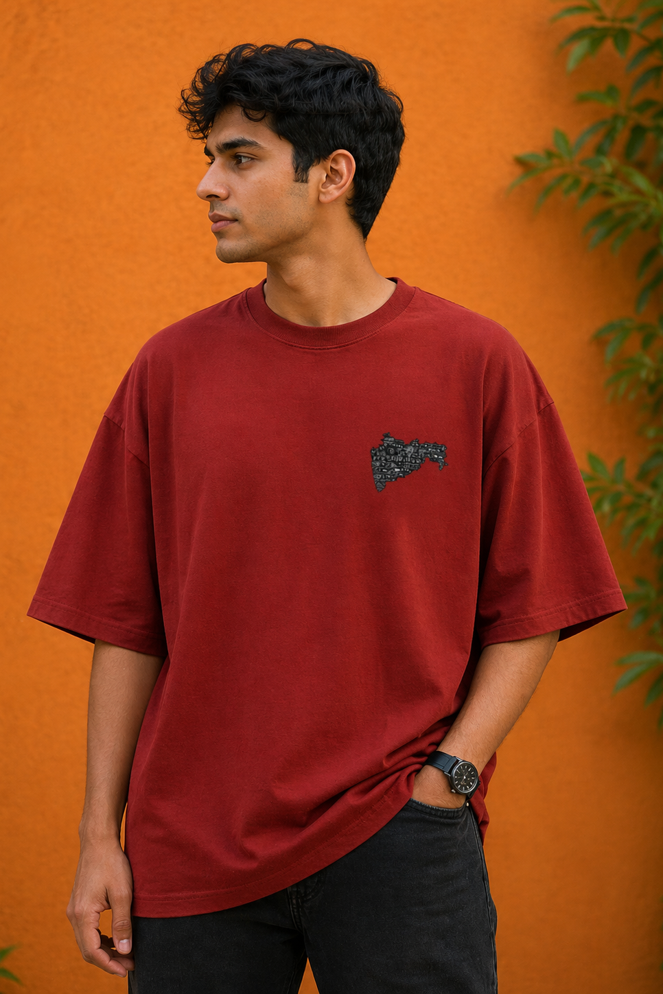 Man wearing a red t-shirt with a logo against an orange wall